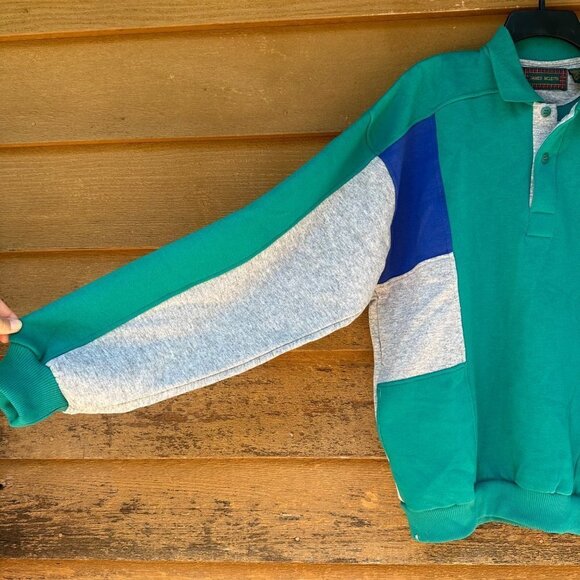 Vintage James McLeith Collard Sweater  Teal Grey Blue With Pockets Sweatshirt Si - Picture 2 of 10